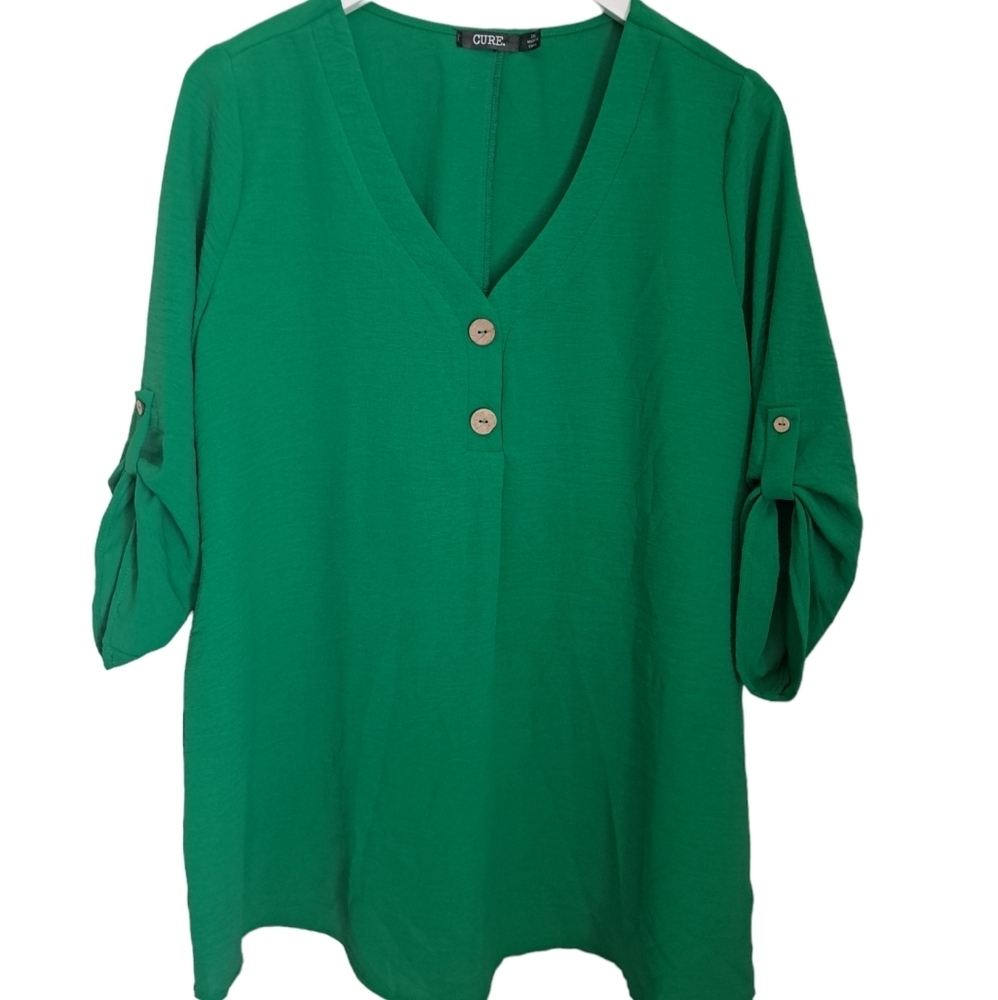 CURE KELLY GREEN lightweight flowy tunic top V neck cuff up sleeves Coastal 2X
